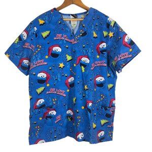 Sesame Street Cookie Monster Christmas Scrub Top Sz Large Poly-Cotton Blue